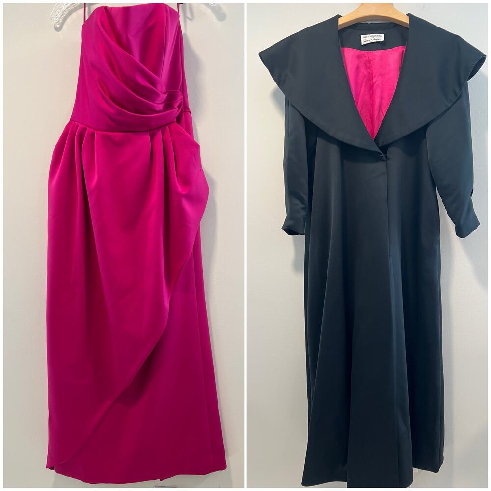 Victor Costa Fuchsia Strapless Evening Gown with Black Coat
